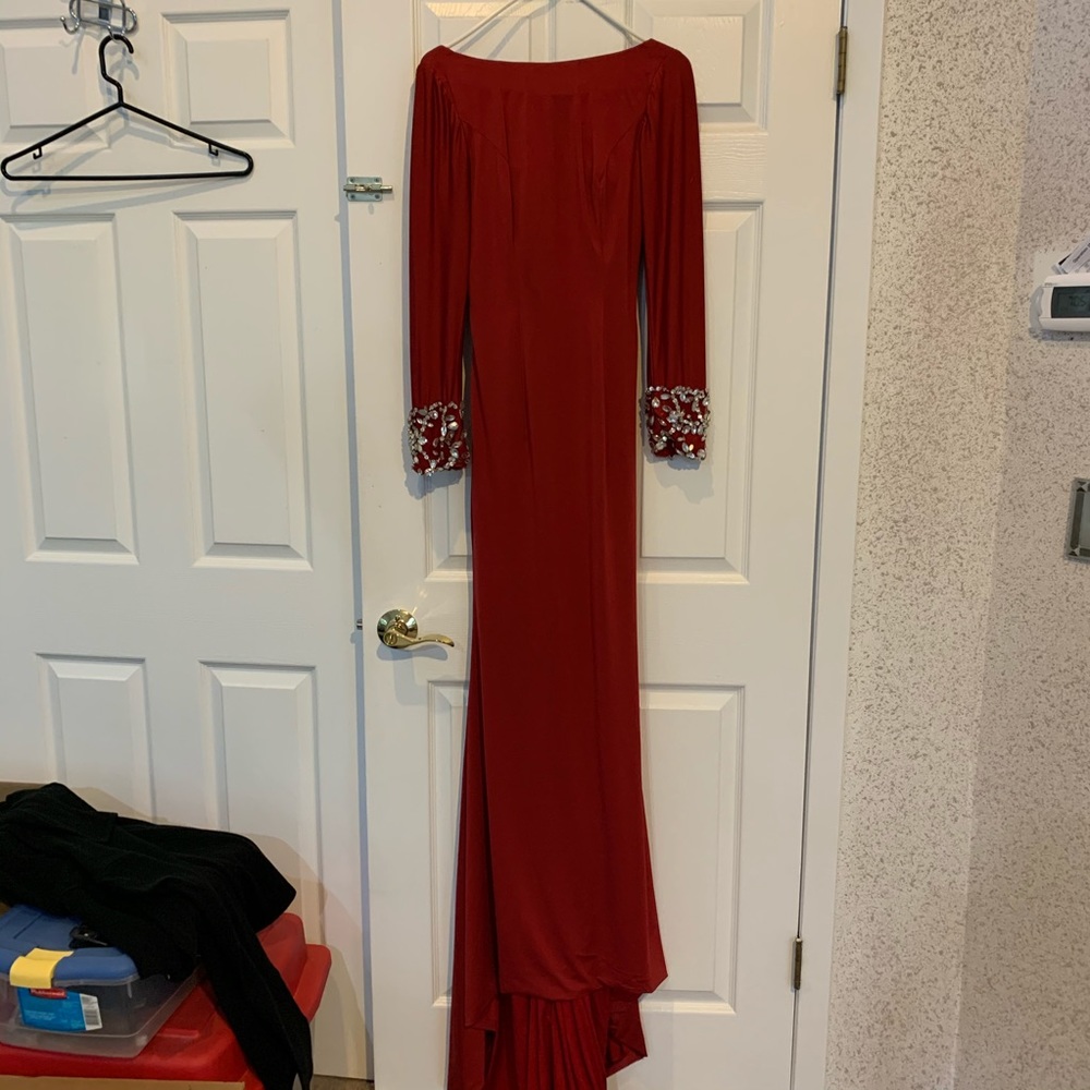 Red Floor Length Evening gown with Gem Cuffs